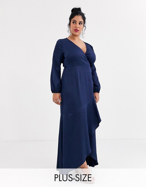 Little Mistress Plus satin wrap maxi dress with frill detail in navy