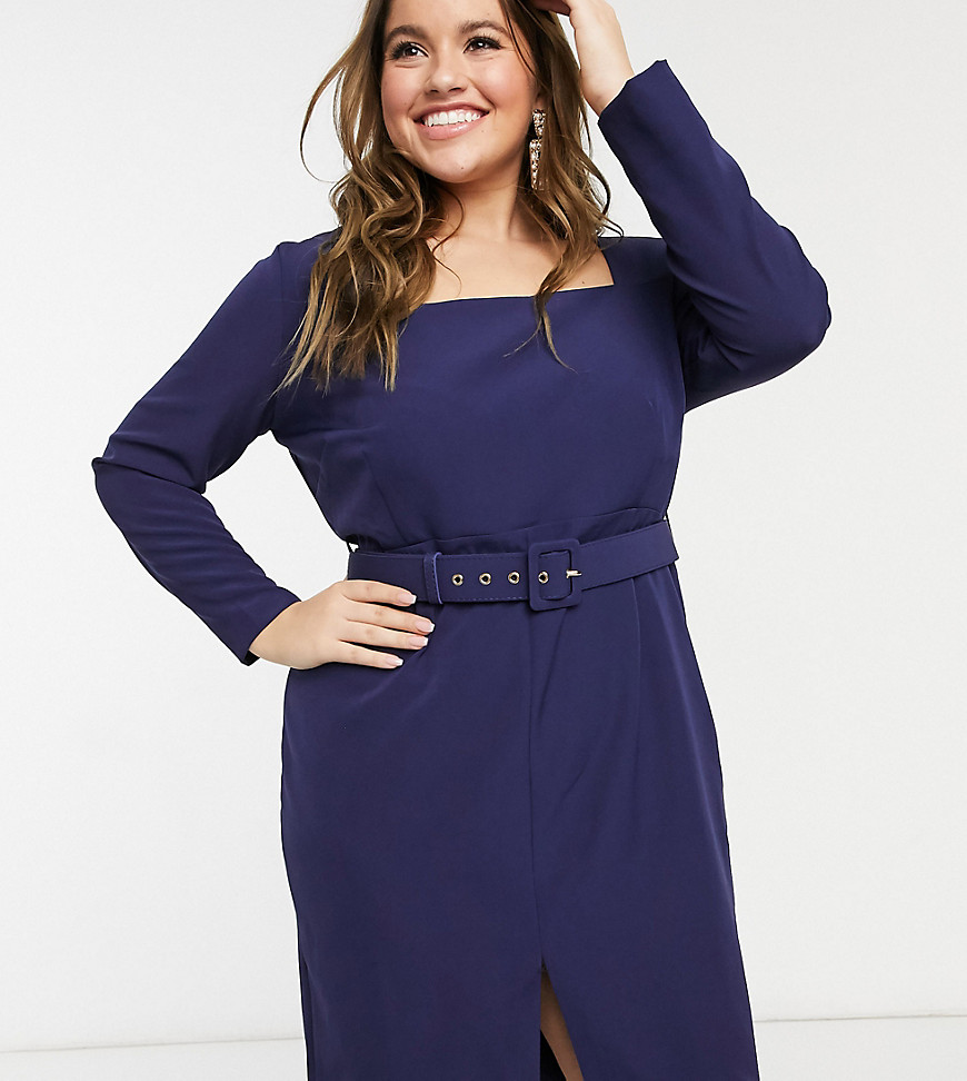 Little Mistress Plus square neck belted midi dress in navy