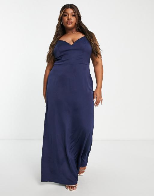 Little Mistress Plus strappy maxi dress in navy blue satin ASOS