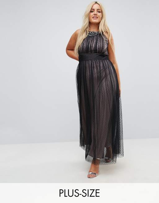 Little Mistress Plus - Udsmykket maxikjole med prikker i mesh