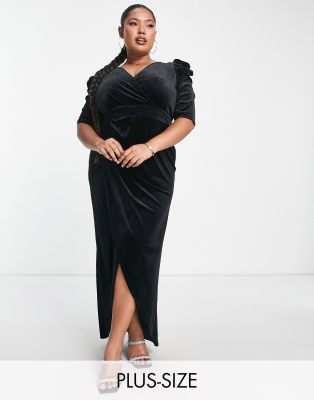 Little Mistress Plus Velvet Maxi Dress With Thigh Split In Black | ModeSens