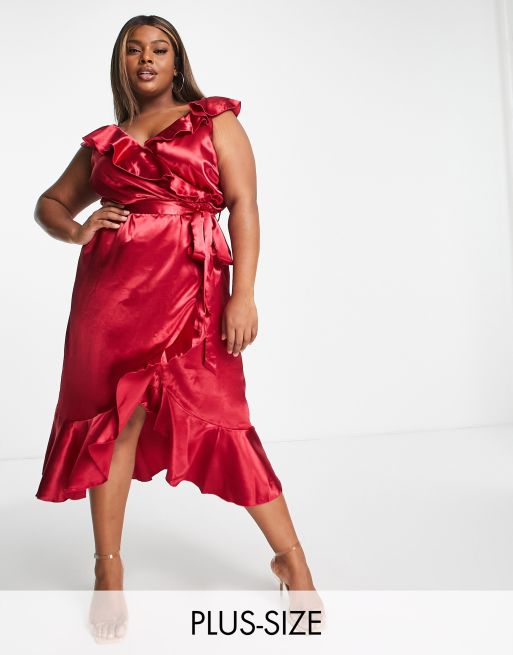 Little Mistress Plus - Vestito avvolgente rosso autunnale con volant