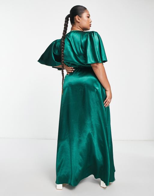 Little Mistress Plus - Vestito lungo con maniche con volant in raso verde smeraldo, 2 di 4