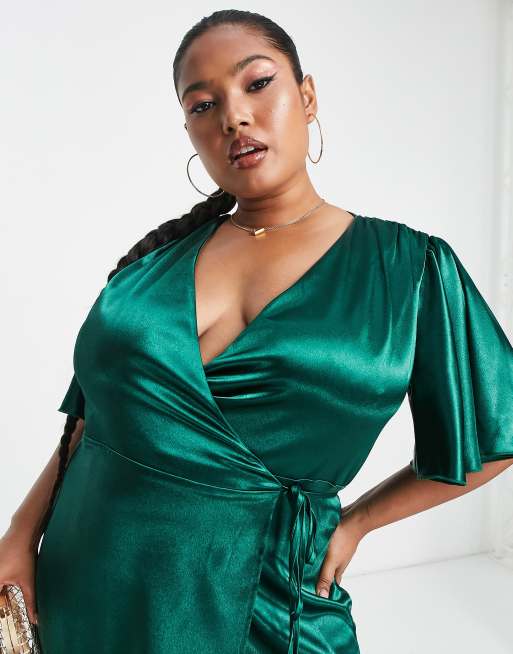 Little Mistress Plus - Vestito lungo con maniche con volant in raso verde smeraldo, 3 di 4