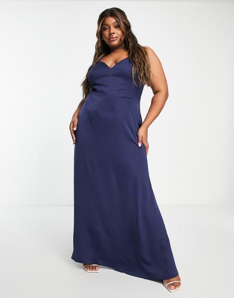 Little Mistress Plus - Vestito lungo con spalline in raso blu navy - view 1
