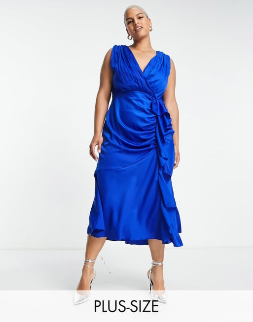 Little Mistress Plus - Vestito midi in raso con scollo profondo blu reale