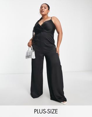 Little Mistress Plus Wide Leg Strappy Jumpsuit In Black Satin