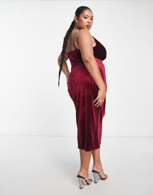 Little Mistress Plus wrap front velvet cami midi dress in ruby