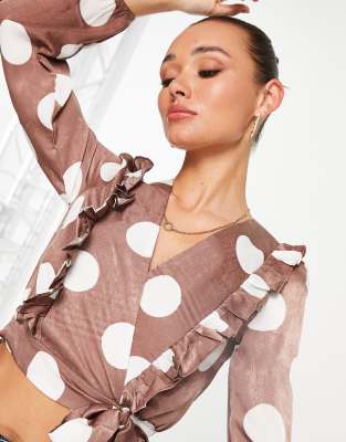 Little Mistress Little Mistress polka dot satin wrap top in multi