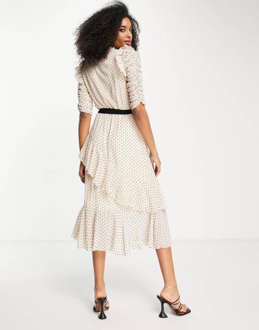 Little Mistress polka dot tiered midi dress in cream