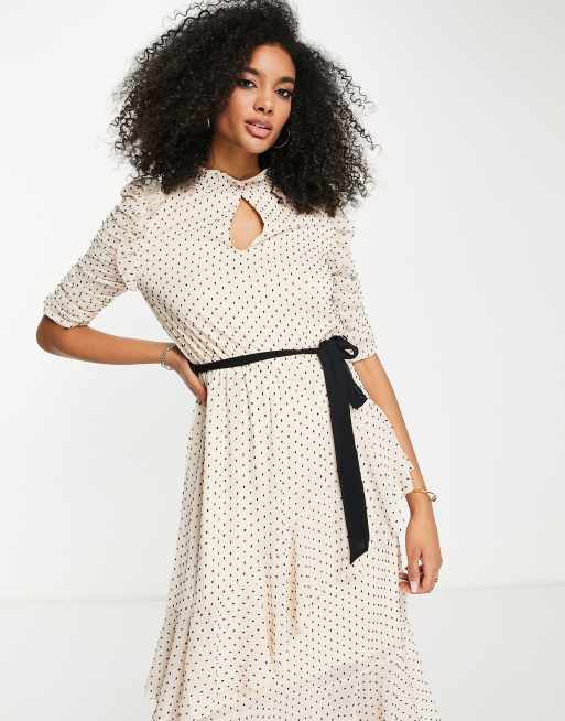 Little Mistress polka dot tiered midi dress in cream