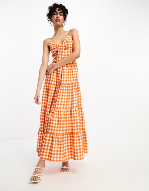 Little Mistress – Pomarańczowa sukienka maxi we wzór w kratkę vichy 