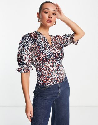 Little Mistress printed blouse with frill sleeve detail