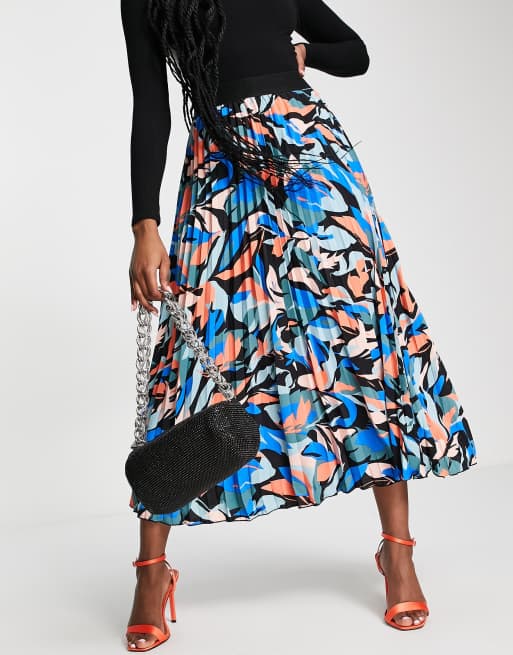 Little Mistress printed pleated midi skirt in blue ASOS