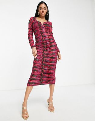Little Mistress printed ruched bodycon dress in multi