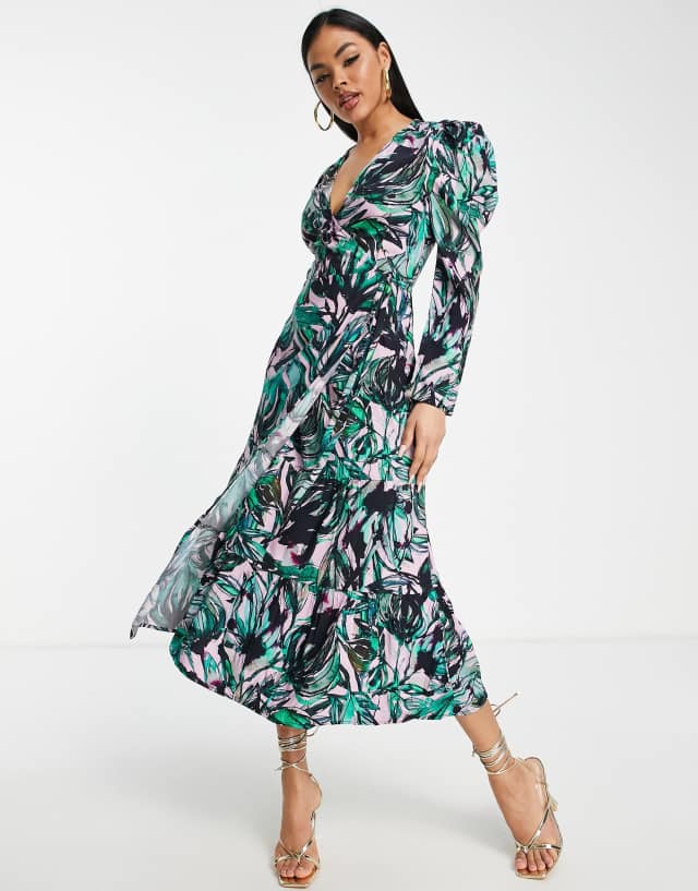 Little Mistress printed wrap maxi dress in green