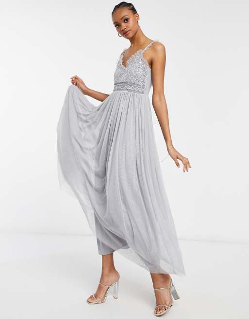 Little Mistress prom maxi dress with embellishment in gray