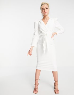 Little Mistress puff shoulder tie front detail midi dress in cream-White