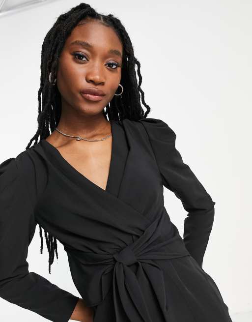 Little Mistress puff shoulder tie front detail midi dress, 3 of 4