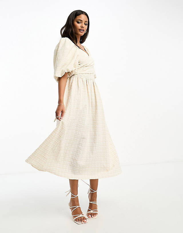 Little Mistress - puff sleve maxi dress in neutral check