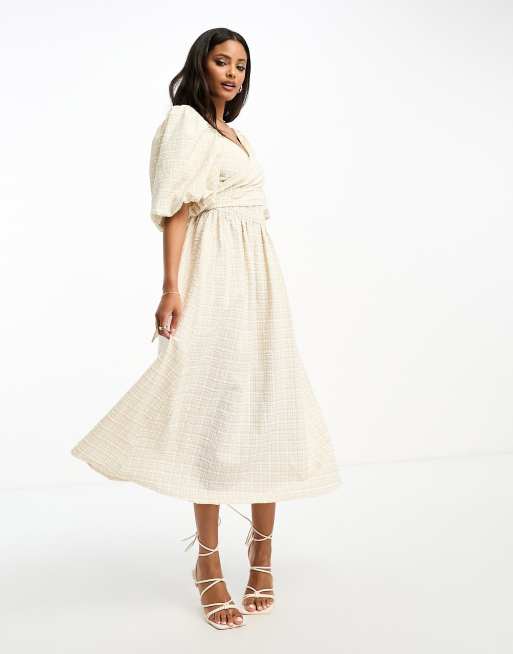 Little Mistress puff sleve maxi dress in neutral check | ASOS