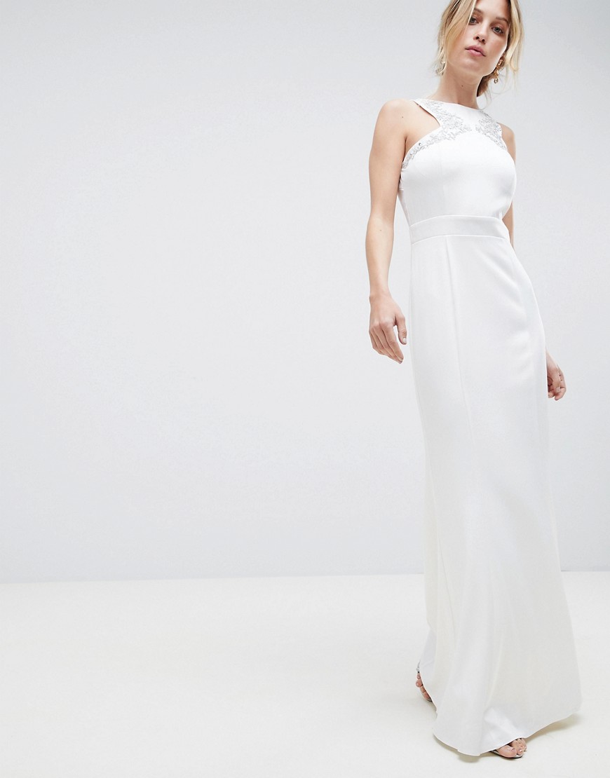 Little Mistress Racer Neck Maxi Dress With Embellished Detail And Open Back-White