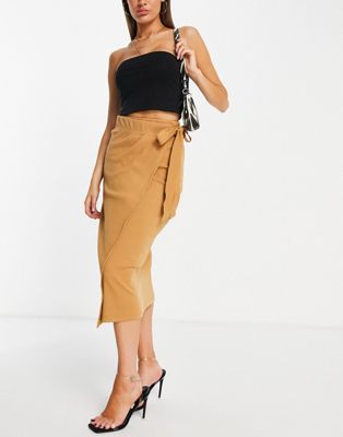 Little Mistress ribbed midi wrap skirt In camel co-ord