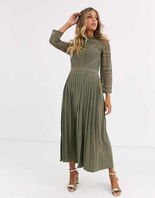 Little Mistress - Robe longue avec détail en dentelle - Kaki