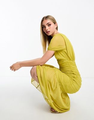Little Mistress ruched midi dress in olive