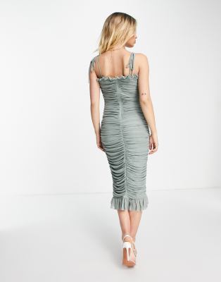 Little Mistress ruched mesh bodycon dress in sage green | ASOS