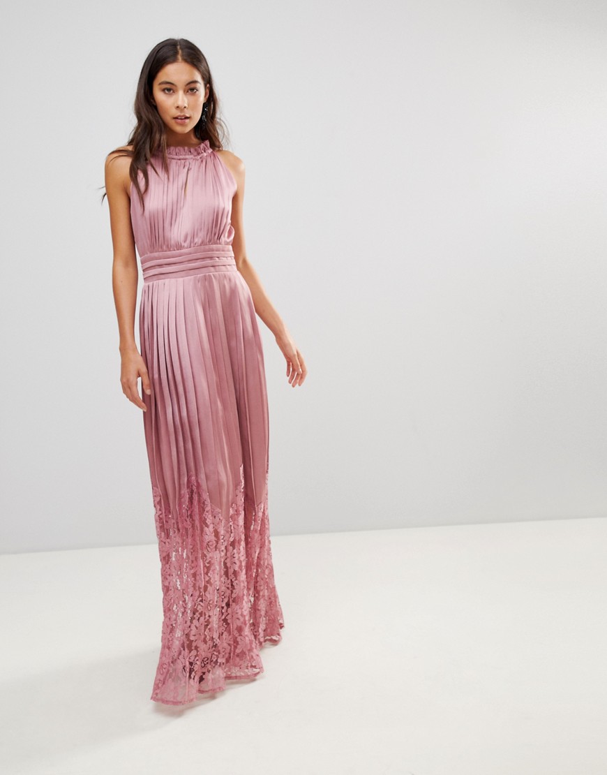 Little Mistress Ruffle High Neck Maxi Dress With Lace Pleated Skirt-pink