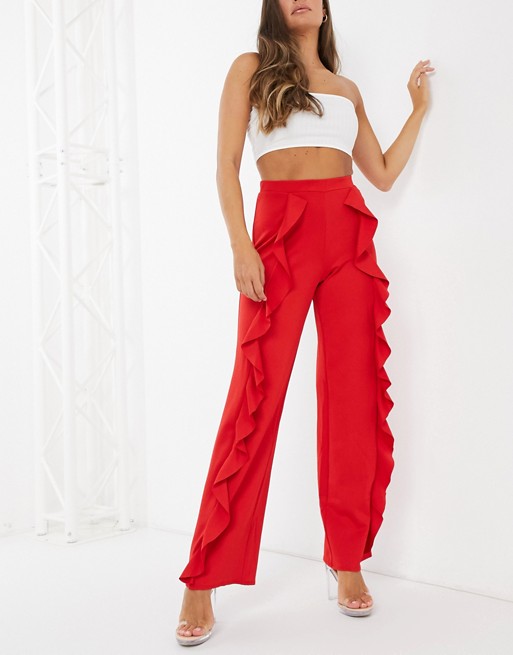 Little Mistress ruffle panel trousers in red