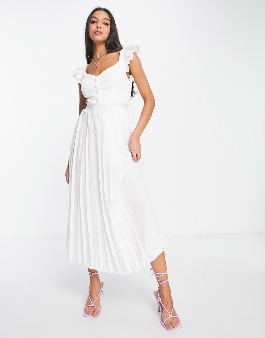 Little Mistress ruffle sleeve midi dress with back detail in white