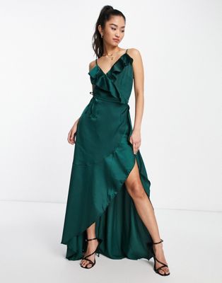 Little Mistress ruffle wrap midaxi satin dress in emerald