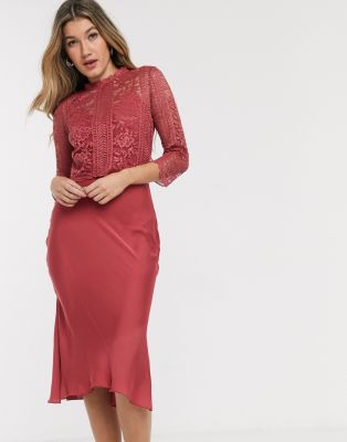 satin lace midi dress
