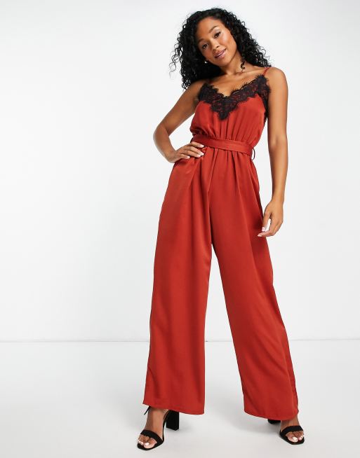 Lace trim tie neck 2024 jumpsuit