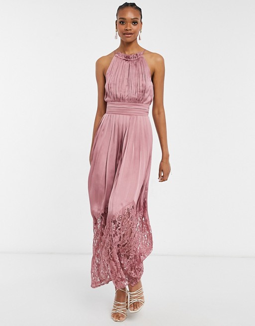 Little Mistress satin maxi dress with frill setail and lace detail at hem in deep rose