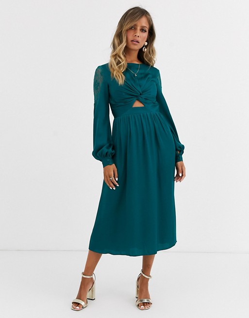 Little Mistress satin midi dress with cut out waist in teal