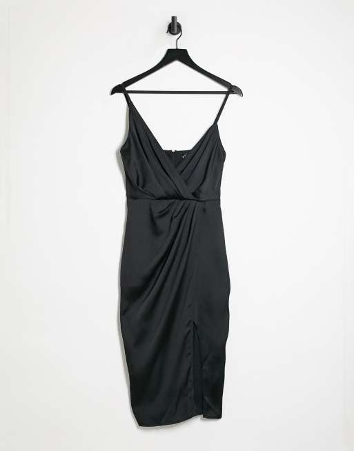 Little Mistress satin wrap dress in black