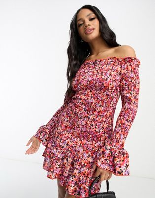 Little Mistress shirred dress in ditsy floral print