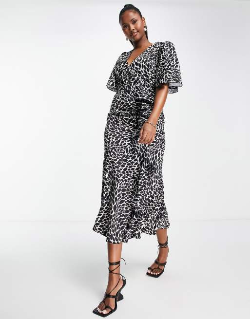 Little Mistress short sleeve satin midi dress in mono print