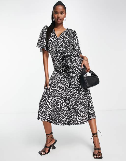 Little Mistress short sleeve satin midi dress in mono print ASOS