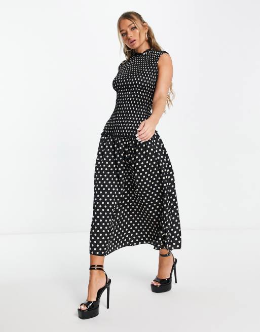 Little Mistress short sleeve shirred midaxi dress in black and white | ASOS