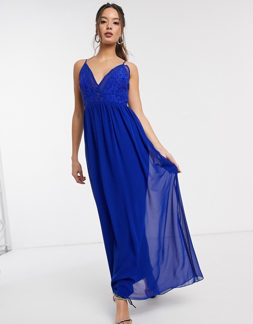 Little Mistress Sian maxi dress with lace bodice in cobalt