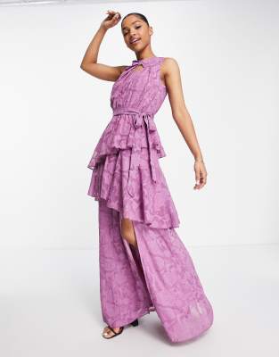 Little Mistress sleeveless ruffle detail maxi dress in lilac floral