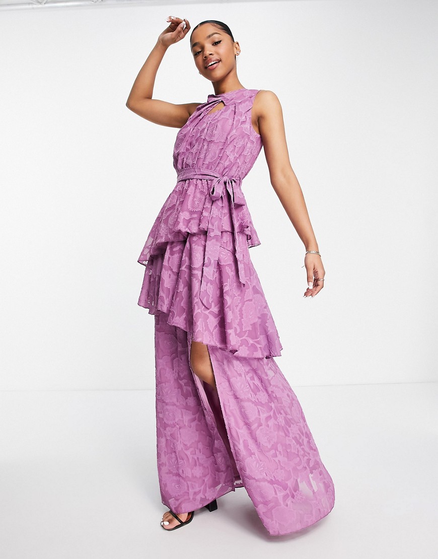 Little Mistress sleeveless ruffle detail maxi dress in lilac floral-Purple