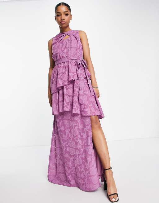 Little Mistress sleeveless ruffle detail maxi dress in lilac floral