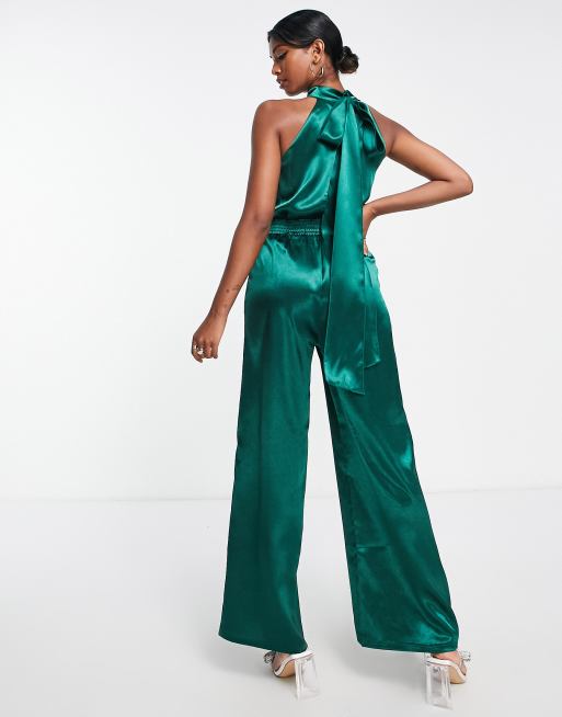 Little Mistress - Smaragdgrøn højhalset jumpsuit i satin