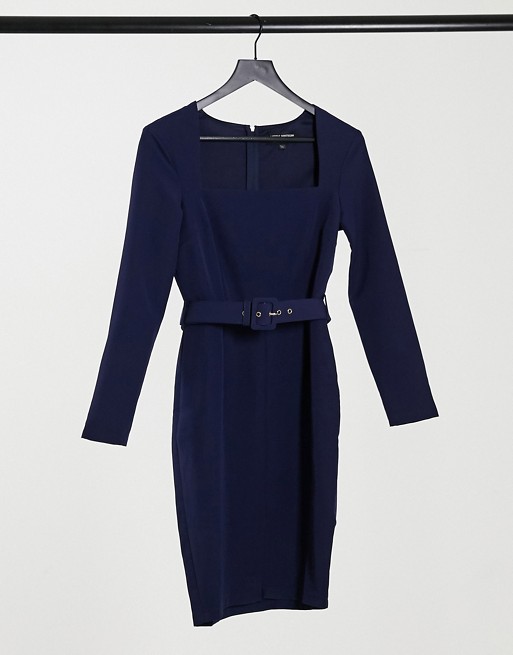 Little Mistress square neck belted midi dress in navy