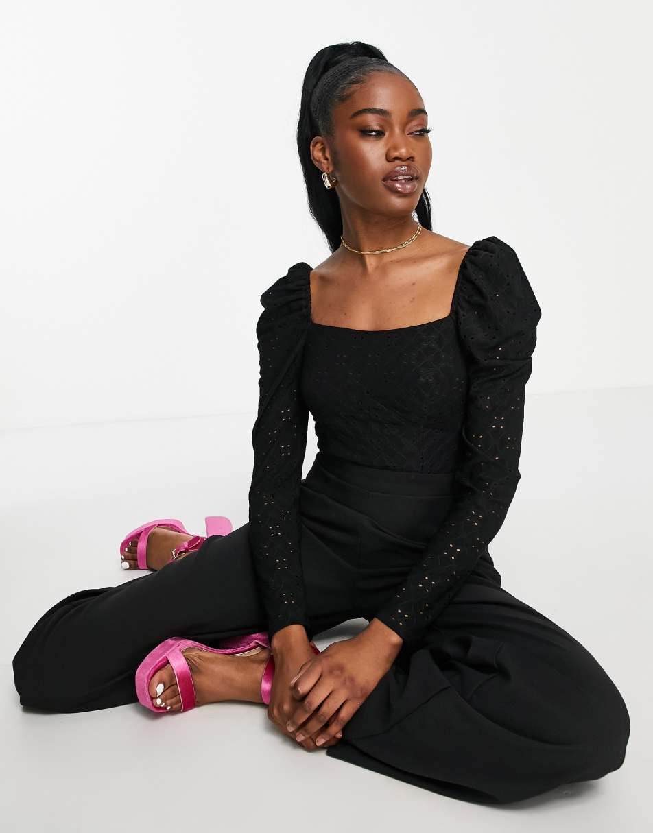 Little Mistress square neck jumpsuit in black broderie